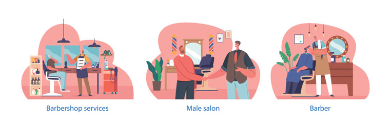 Isolated Elements With Barber Characters Perform Grooming Services At Barbershop, Offer Haircuts, Shaves, Vector