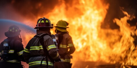 Obraz premium Firefighters work to extinguish fire explode accident Team fightingThey are fire drilling or fire fighting on the road the village or forest fire in the background