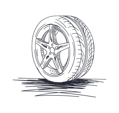 recommend clip art: hand drawn tire and rim on white background. automobile wheel. outline car wheel