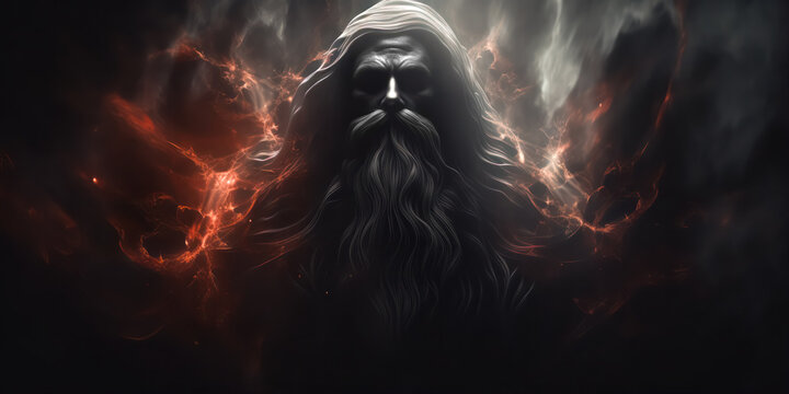 Portrait of a old mysterious man with a long beard and mustache in the dark smoke 