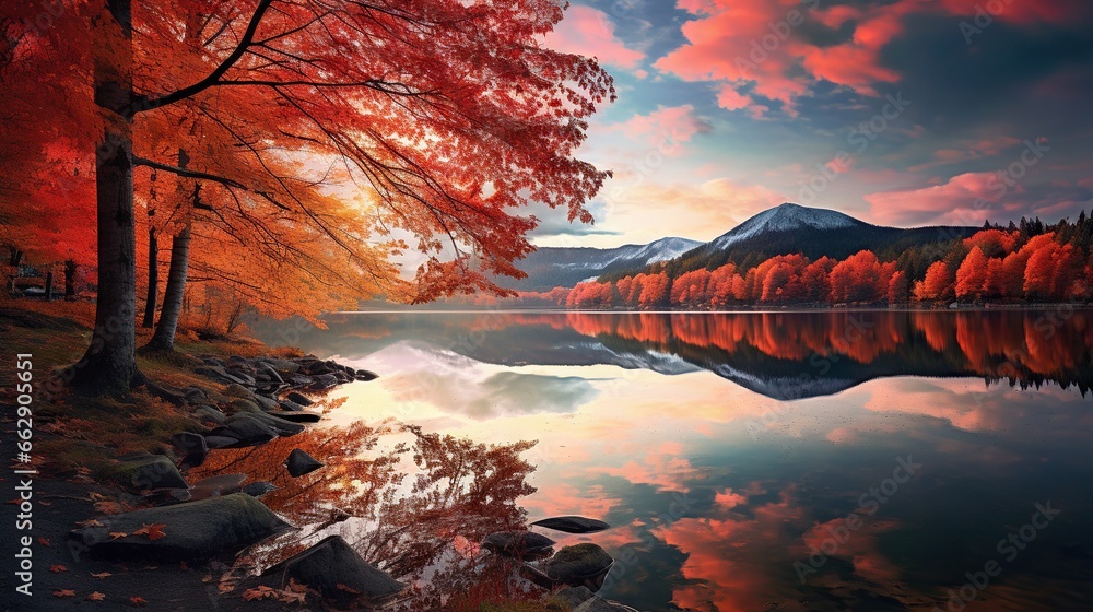 Poster a lake surrounded by trees with a mountain in the background. generative ai
