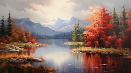 Fototapeta premium a painting of a lake surrounded by trees with red leaves. generative ai