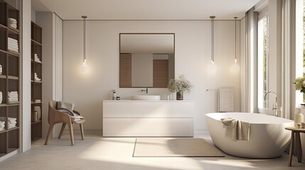  a bathroom with a tub, sink, mirror and shelves.  generative ai - obrazy, fototapety, plakaty