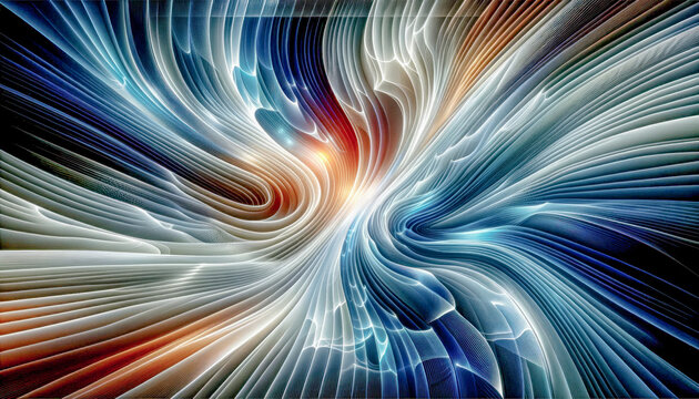Digital Wallpaper Focused on an Iridescent Spectral Wave Illuminated under Strong Lighting Abstract Pattern is Complemented, seamlessly blending Smooth and Hard Lines Digital Art Cover Poster