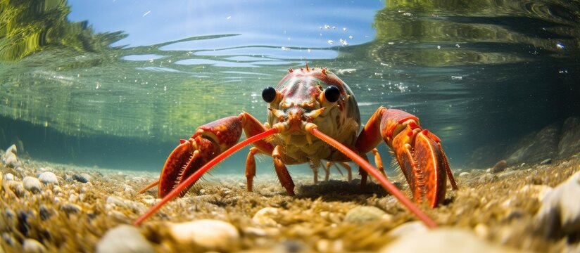 Close up underwater shot of the noble crayfish Astacus astacus in its natural habitat a lake showcasing its connection to crayfish plague European wildlife carcinology zoology environmental 