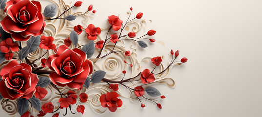 Valentine's day,Paper cut Red roses raindrops on white background with copy space. Creative floral Spring blossom concept for wedding, women, Mother, 8 March.Generative ai