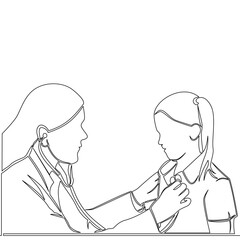 Continuous line drawing Female doctor listens to sick little girl icon vector illustration concept