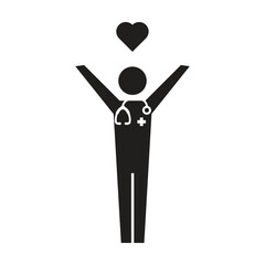 Doctor icon vector male pictogram with heart symbol for medical consultation in Glyph illustration