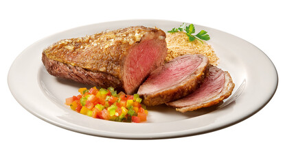 prato com picanha brasileira com crosta de sal grosso acompanhado de salada vinagrete e farofa isolado em fundo transparente - carne grelhado - churrasco brasileiro