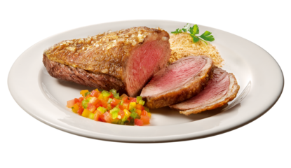 prato com picanha brasileira com crosta de sal grosso acompanhado de salada vinagrete e farofa isolado em fundo transparente - carne grelhado - churrasco brasileiro