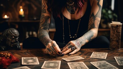 a close up of female hands drawing the tarot cards from the deck. A fortune teller woman with tattoos doing divination indoors