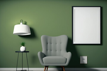 Blank frames, a grey chair, and a lamp are placed near a green wall. Generative AI