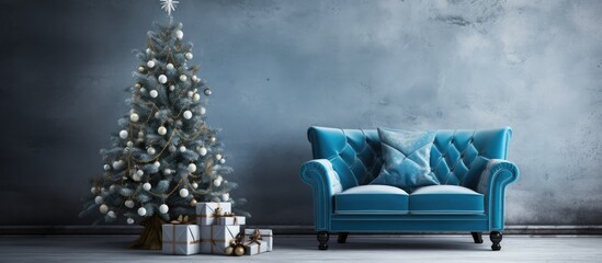 Blue loft with stylish sofa Christmas tree and other holiday decorations With copyspace for text