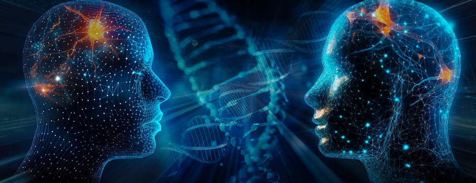 Human heads hologram wireframe with a blurred DNA background - Powered by Adobe