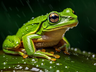 Obraz premium Rain-Kissed Green Frog on Leaf - Perfect for Nature Documentaries, Rainforest Explorations, and Wildlife Photography