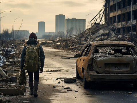Lone Survivor Trekking Through Post-Apocalyptic City - Perfect for Dystopian Novels, Video Game Artwork, and Survival Themes