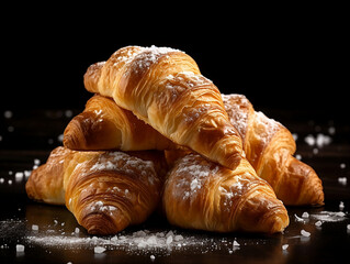 Golden Brown Croissants Dusted with Powdered Sugar - Perfect for Bakery Websites, Cooking Blogs, and Recipe Books