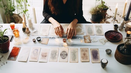 a close up of female hands drawing the tarot cards from the deck. A fortune teller woman with tattoos doing divination indoors, white and black color palette - obrazy, fototapety, plakaty