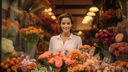fleuriste souriante devant sa boutique - obrazy, fototapety, plakaty