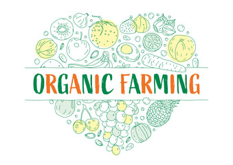 hand-drawn fruit, vegetables, nuts symbols and organic agriculture concept. scribbling fruit, vegetable symbols and organic farming. heart shaped fruit, vegetable symbols and organic farming