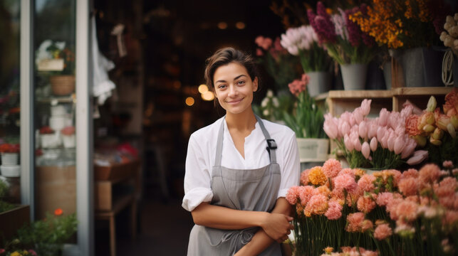 fleuriste souriante devant sa boutique