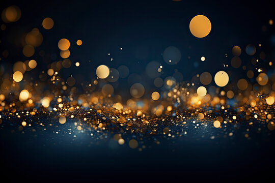 Magic background with golden bokeh with colorful purple pink yellow. Frame from golden shiny splashes, drops.