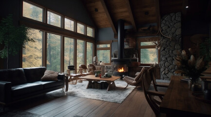Fototapeta premium A room with a fireplace and a view of the forest,created with Generative AI technology.
