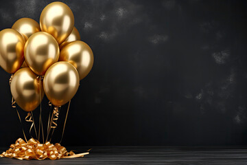 Bunch of big golden balloons objects for birthday party isolated on a black background - Powered by Adobe