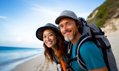 Heterosexual couple of adventurous backpackers on a beach. Travel and adventure concept