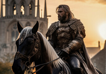 Obraz premium Portrait of a medieval knight in armor on his horse during a sunset
