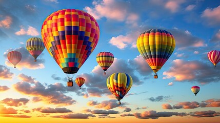 Obraz premium a group of hot air balloons flying through a cloudy sky. generative ai