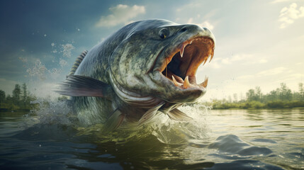 Fishing concept. Big freshwater fish just taken from the water - obrazy, fototapety, plakaty