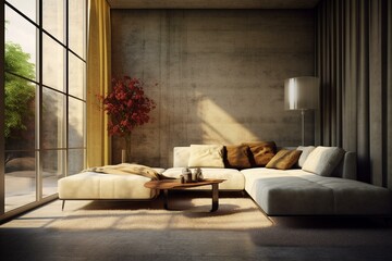 Contemporary lounge area with couch in an isolated setting. Generative AI