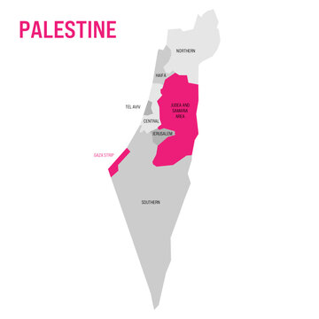 Political map of Palestine highlighted in the map of Israel. Pink colored Gaza Strip and Judea and Samaria Area. Vector Illustration