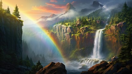  a painting of a waterfall with a rainbow in the sky.  generative ai