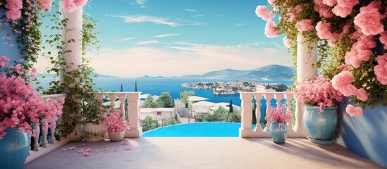 Italian coastal balcony offers stunning view with pink and white flowers blue sky Includes digital collage mural wallpaper poster modular panel print illustration and AI rendering