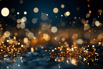Magic background with golden bokeh with colorful purple pink yellow. Frame from golden shiny splashes, drops.