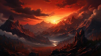  a painting of a mountain range with a sunset in the background. generative ai