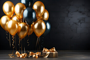 Bunch of big golden balloons objects for birthday party isolated on a black background