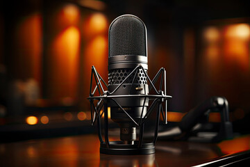 Professional studio microphone for podcasting. Microphone as a symbol for recording audio podcasts.