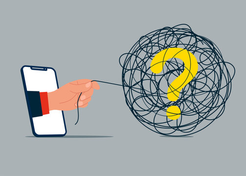 Hand Out Of The Mobile Phone Screen Pulling The Tangled Ropes With Question Mark. Business Vector Illustration Concept.