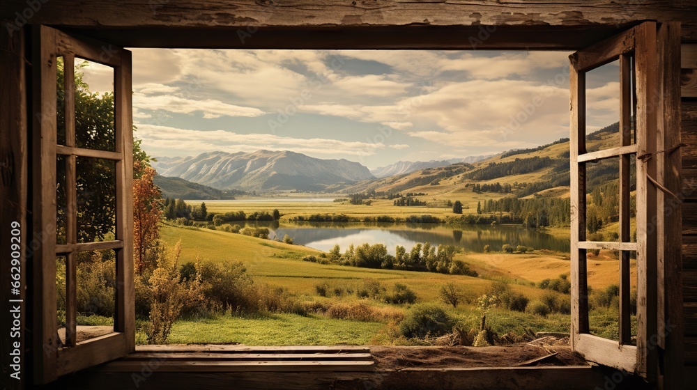 Poster an open window with a view of a valley and mountains. generative ai