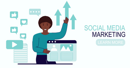 Social media marketing concept for internet, web banner and app design, seo, social network. Business marketing, strategy, planning, social media and communication.Vector illustration.