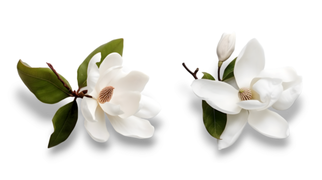 Close up of white Southern magnolia (Magnolia grandiflora) isolated on transparent background. Top view, falt lay.