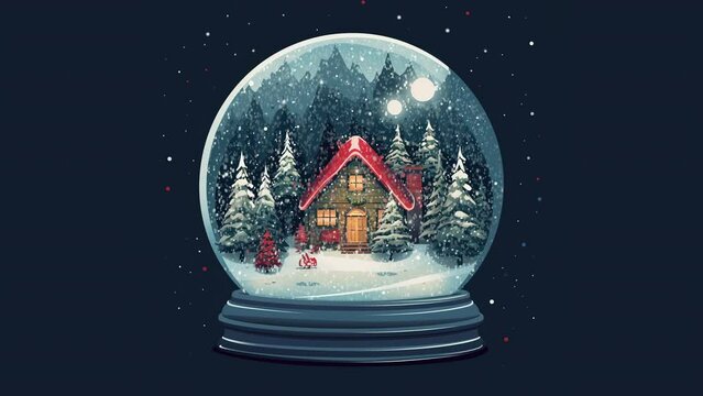 Crystal ball, snowball with snowy Christmas tree and house inside. Animated. Video flat cartoon animation design element 4k Generative AI	