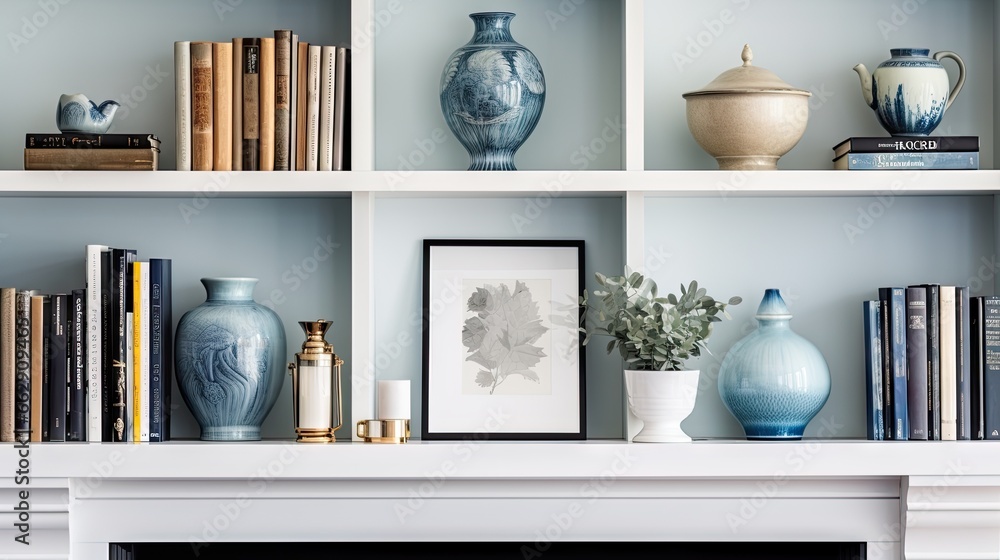Poster a fireplace with a mantle with books and vases on it. generative ai