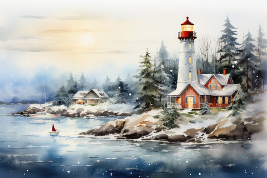 a watercolor painting of a lighthouse on a rocky shore during winter