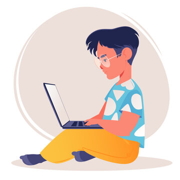 School-age or preschool-age child using laptop computer. Distance learning. Early development with help of modern technology or computer addiction, student cartoon vector character learning online.