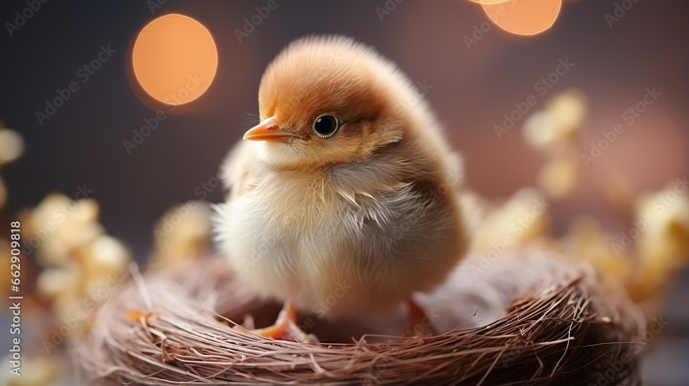 Poster a small bird sitting on top of a nest filled with feathers. generative ai