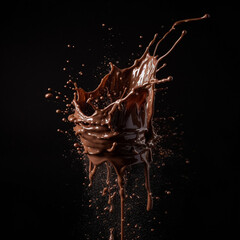 Dark chocolate on a dark background, splashes of liquid chocolate on a beautiful background, macro. For collage.